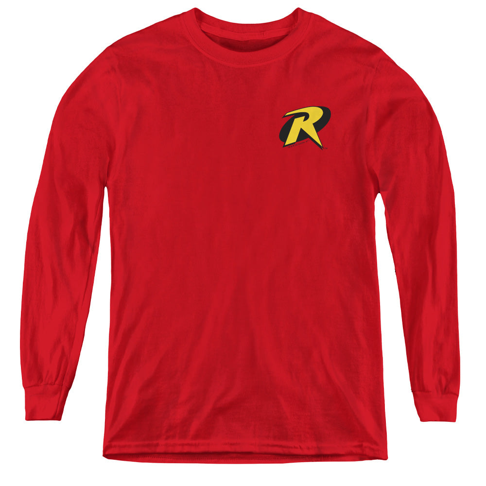 AN OFFCIALLY LICENSED BATMAN ROBIN LOGO YOUTH LONG SLEEVE T-SHIRT RED