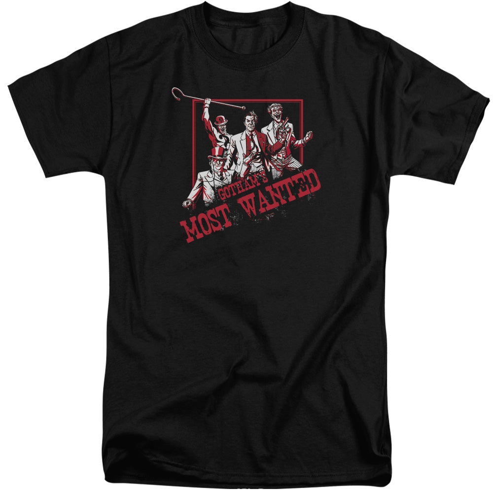 AN OFFCIALLY LICENSED BATMAN GOTHAMS MOST WANTED MEN'S TALL FIT T-SHIRT BLACK