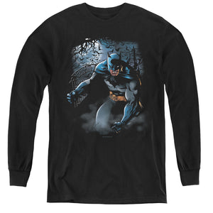 AN OFFCIALLY LICENSED BATMAN LIGHT OF THE MOON YOUTH LONG SLEEVE T-SHIRT BLACK