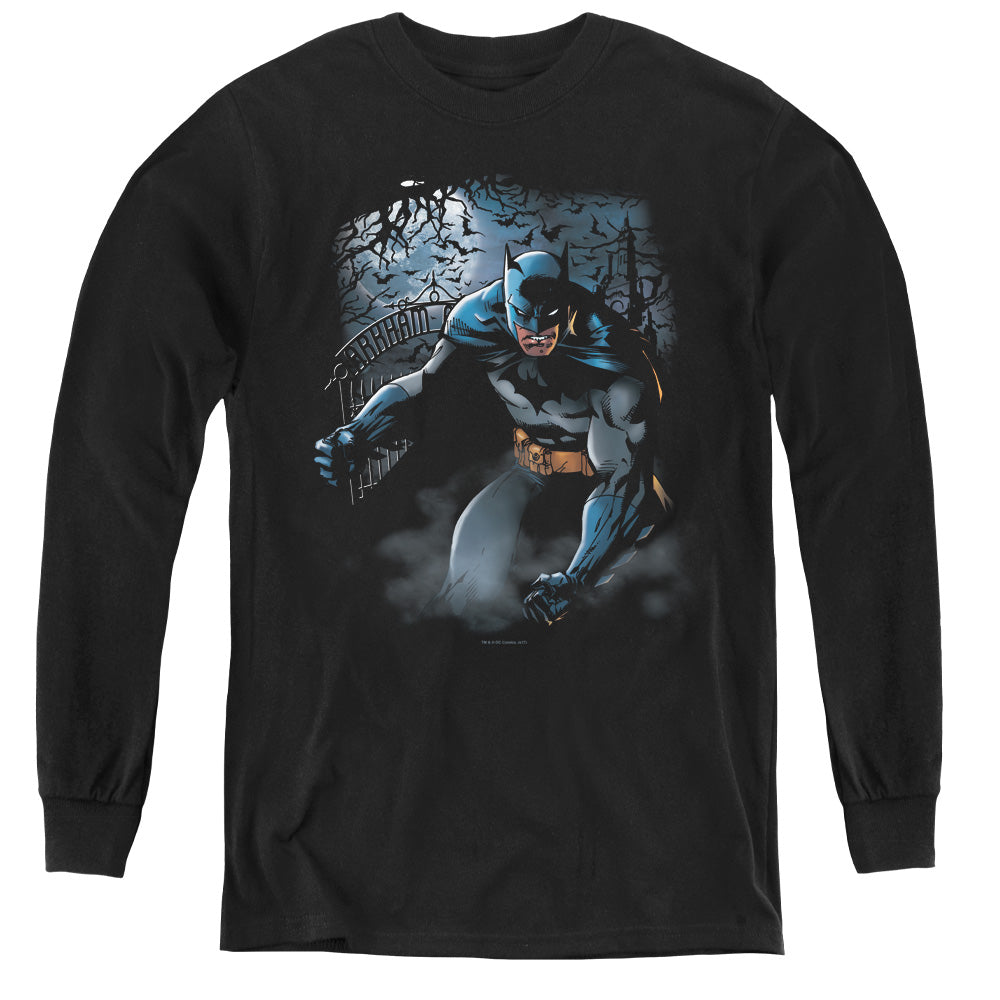 AN OFFCIALLY LICENSED BATMAN LIGHT OF THE MOON YOUTH LONG SLEEVE T-SHIRT BLACK