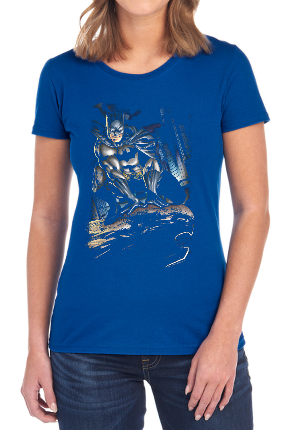 AN OFFCIALLY LICENSED BATMAN PERCHED WOMEN'S REGULAR FIT T-SHIRT BLACK