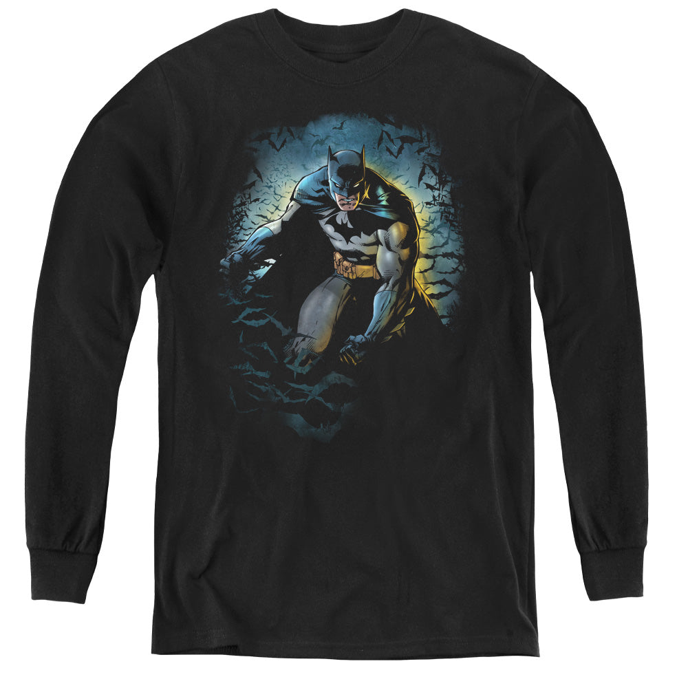 AN OFFCIALLY LICENSED BATMAN BAT CAVE YOUTH LONG SLEEVE T-SHIRT BLACK