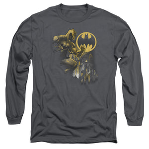 AN OFFCIALLY LICENSED BATMAN BAT SIGNAL MEN'S LONG SLEEVE T-SHIRT CHARCOAL
