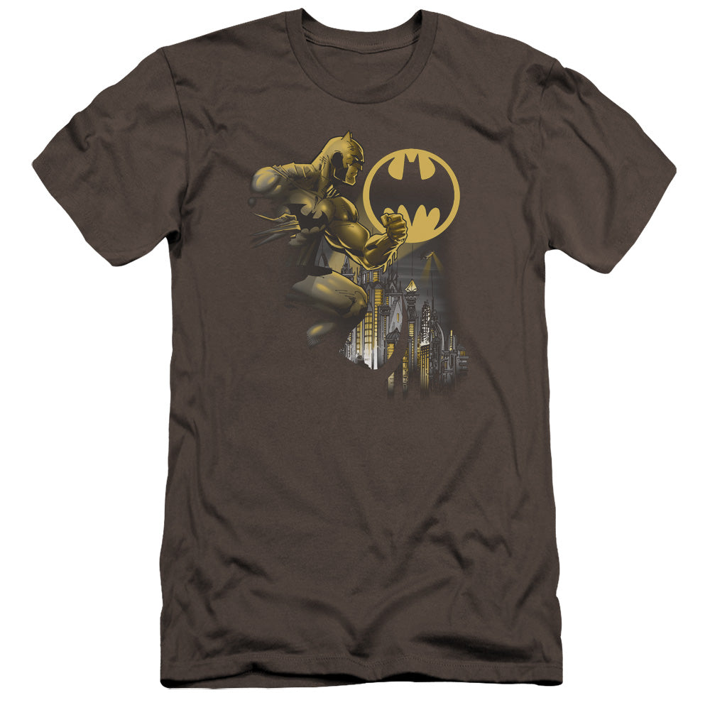 AN OFFCIALLY LICENSED BATMAN BAT SIGNAL MEN'S PREMIUM SLIM FIT T-SHIRT CHARCOAL