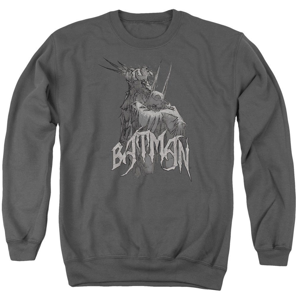 AN OFFCIALLY LICENSED BATMAN SCARY RIGHT HAND ADULT UNISEX CREWNECK SWEATSHIRT CHARCOAL