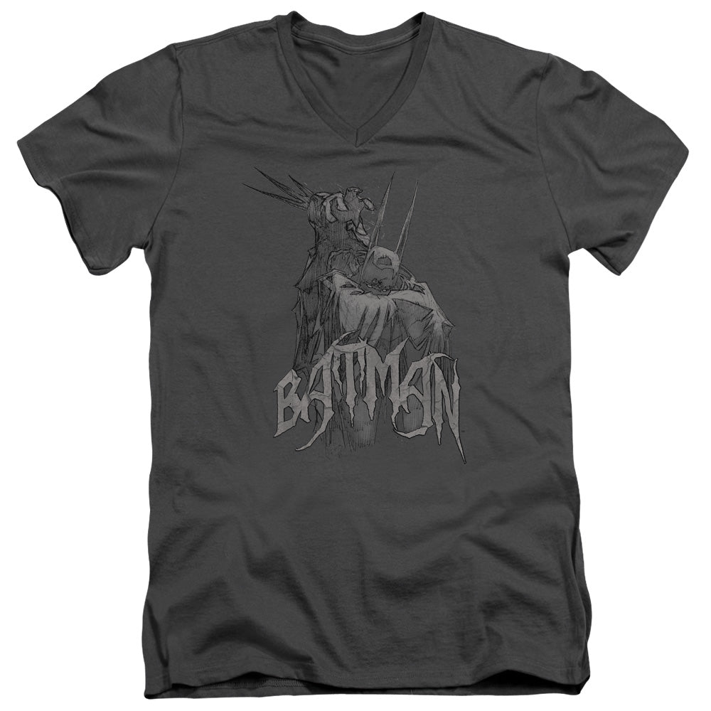 AN OFFCIALLY LICENSED BATMAN SCARY RIGHT HAND MEN'S V-NECK T-SHIRT CHARCOAL