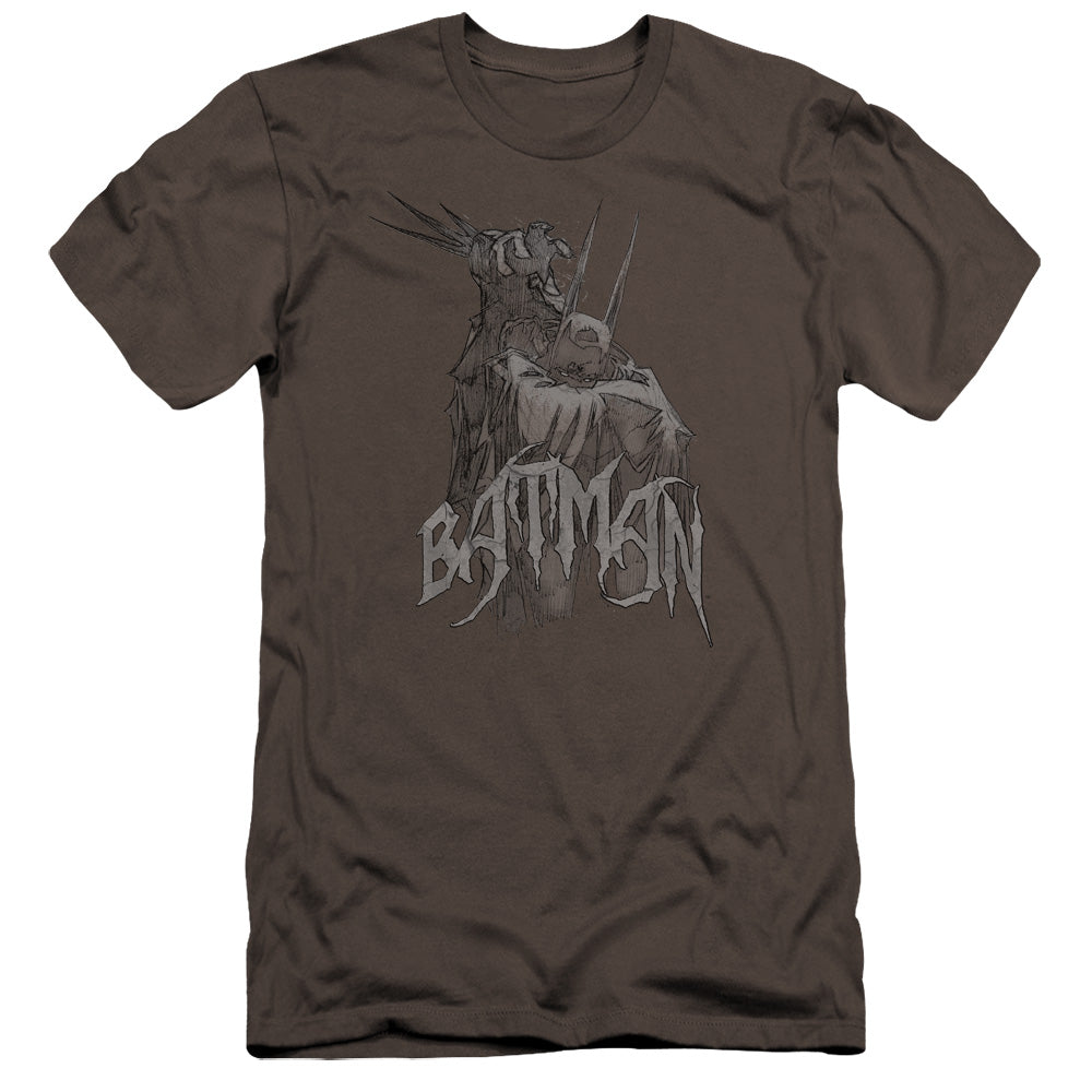 AN OFFCIALLY LICENSED BATMAN SCARY RIGHT HAND MEN'S PREMIUM SLIM FIT T-SHIRT CHARCOAL
