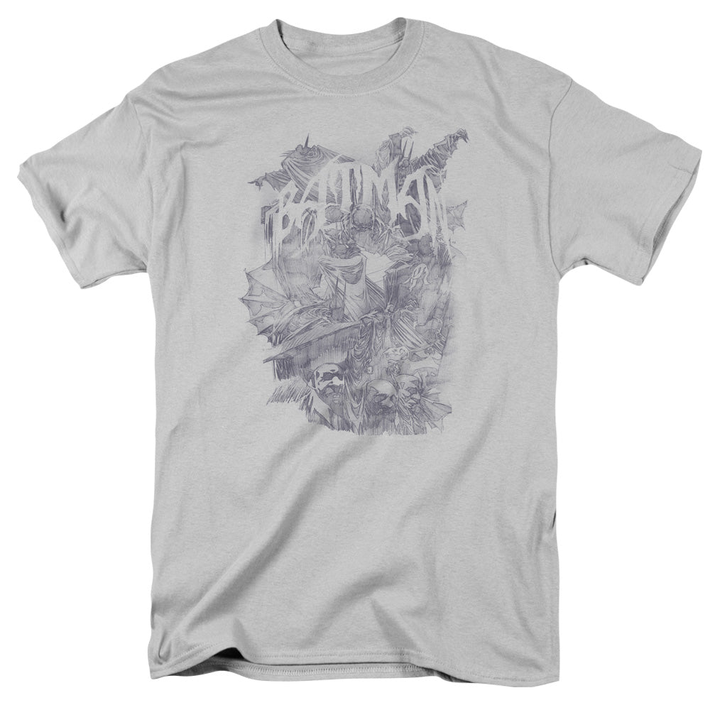 AN OFFCIALLY LICENSED BATMAN PENCIL BAT COLLAGE MEN'S REGULAR FIT T-SHIRT SILVER