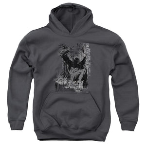 AN OFFCIALLY LICENSED BATMAN THE KNIGHT LIFE YOUTH HOODIE CHARCOAL