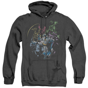 AN OFFCIALLY LICENSED BATMAN SURROUNDED ADULT UNISEX HEATHER PULLOVER HOODIE BLACK