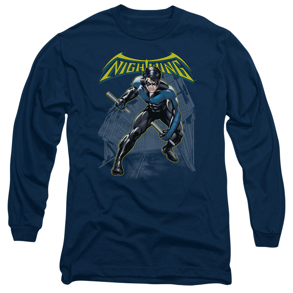 AN OFFCIALLY LICENSED BATMAN NIGHTWING MEN'S LONG SLEEVE T-SHIRT NAVY