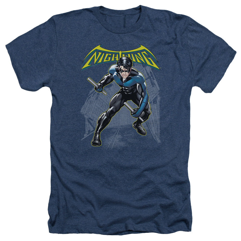 AN OFFCIALLY LICENSED BATMAN NIGHTWING MEN'S HEATHER T-SHIRT NAVY