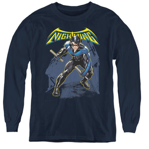 AN OFFCIALLY LICENSED BATMAN NIGHTWING YOUTH LONG SLEEVE T-SHIRT NAVY