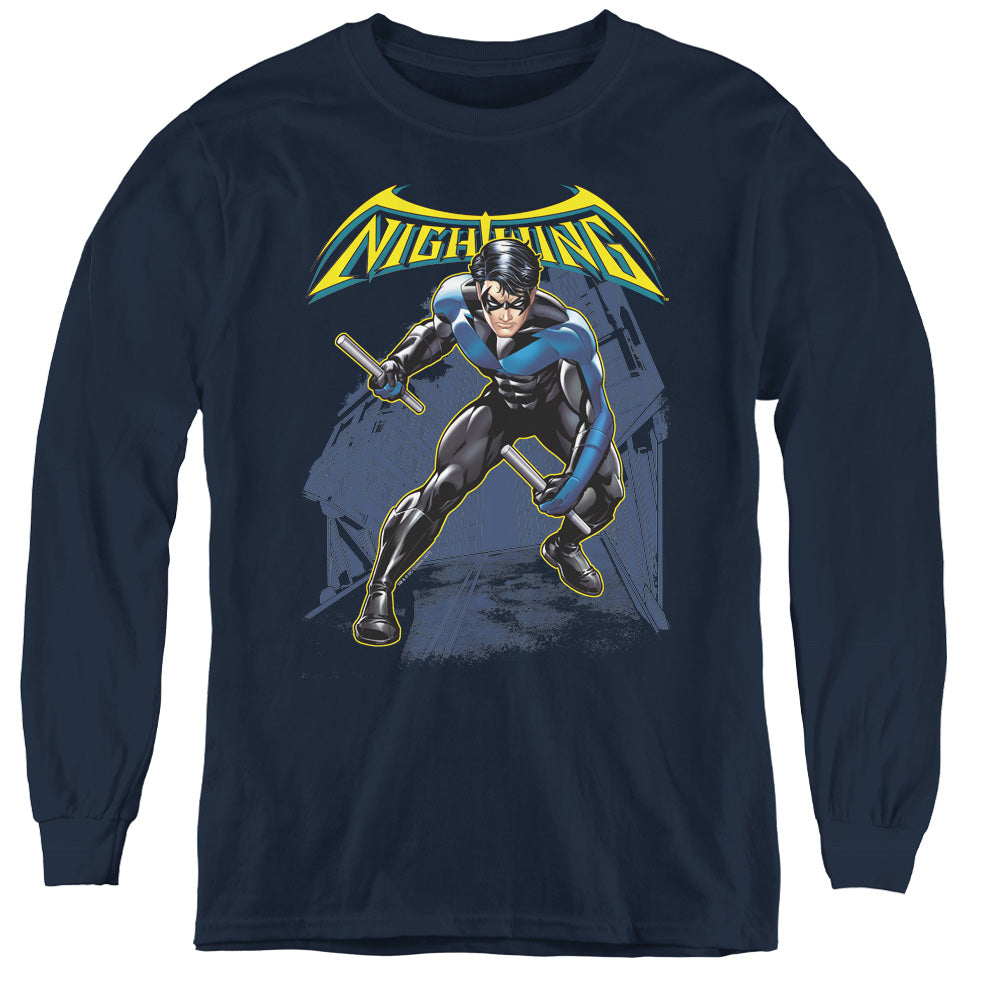 AN OFFCIALLY LICENSED BATMAN NIGHTWING YOUTH LONG SLEEVE T-SHIRT NAVY