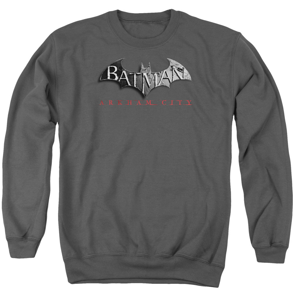 AN OFFCIALLY LICENSED ARKHAM CITY LOGO ADULT UNISEX CREWNECK SWEATSHIRT CHARCOAL