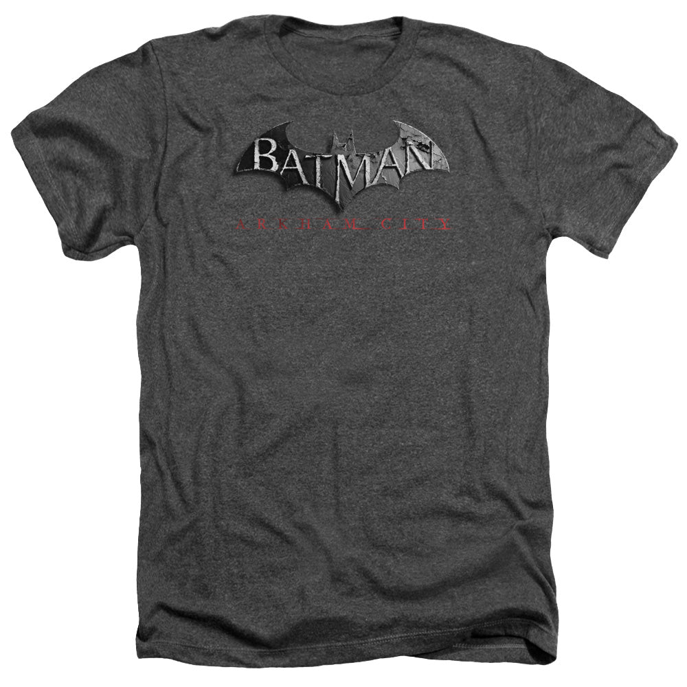 AN OFFCIALLY LICENSED ARKHAM CITY LOGO MEN'S HEATHER T-SHIRT CHARCOAL