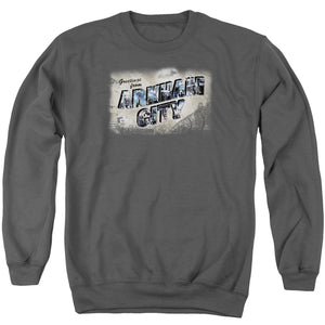 AN OFFCIALLY LICENSED ARKHAM CITY GREETINGS FROM ARKHAM ADULT UNISEX CREWNECK SWEATSHIRT CHARCOAL