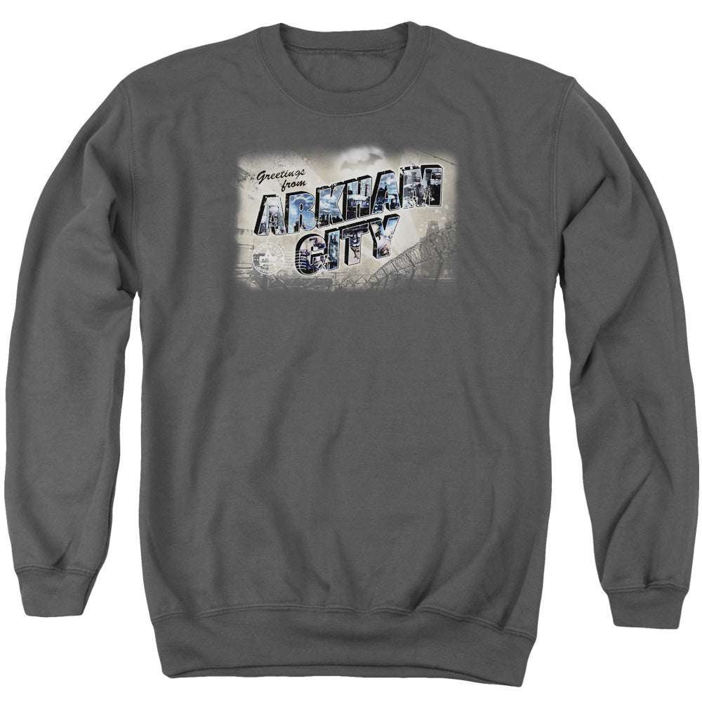 AN OFFCIALLY LICENSED ARKHAM CITY GREETINGS FROM ARKHAM ADULT UNISEX CREWNECK SWEATSHIRT CHARCOAL