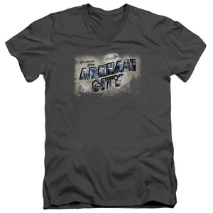 AN OFFCIALLY LICENSED ARKHAM CITY GREETINGS FROM ARKHAM MEN'S V-NECK T-SHIRT CHARCOAL