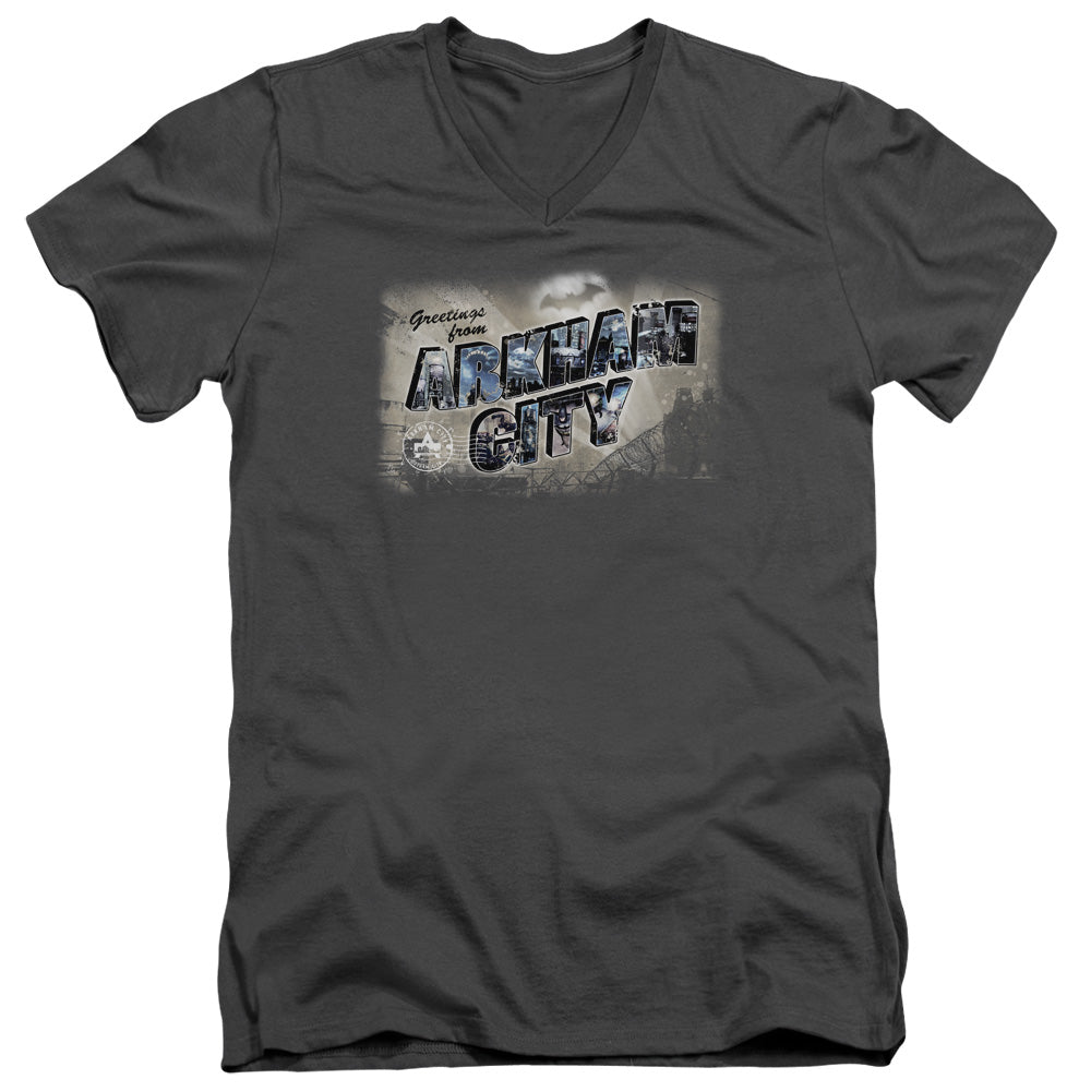 AN OFFCIALLY LICENSED ARKHAM CITY GREETINGS FROM ARKHAM MEN'S V-NECK T-SHIRT CHARCOAL