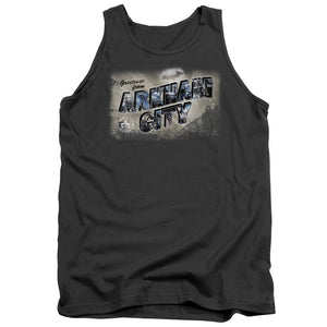 AN OFFCIALLY LICENSED ARKHAM CITY GREETINGS FROM ARKHAM ADULT UNISEX TANK TOP CHARCOAL