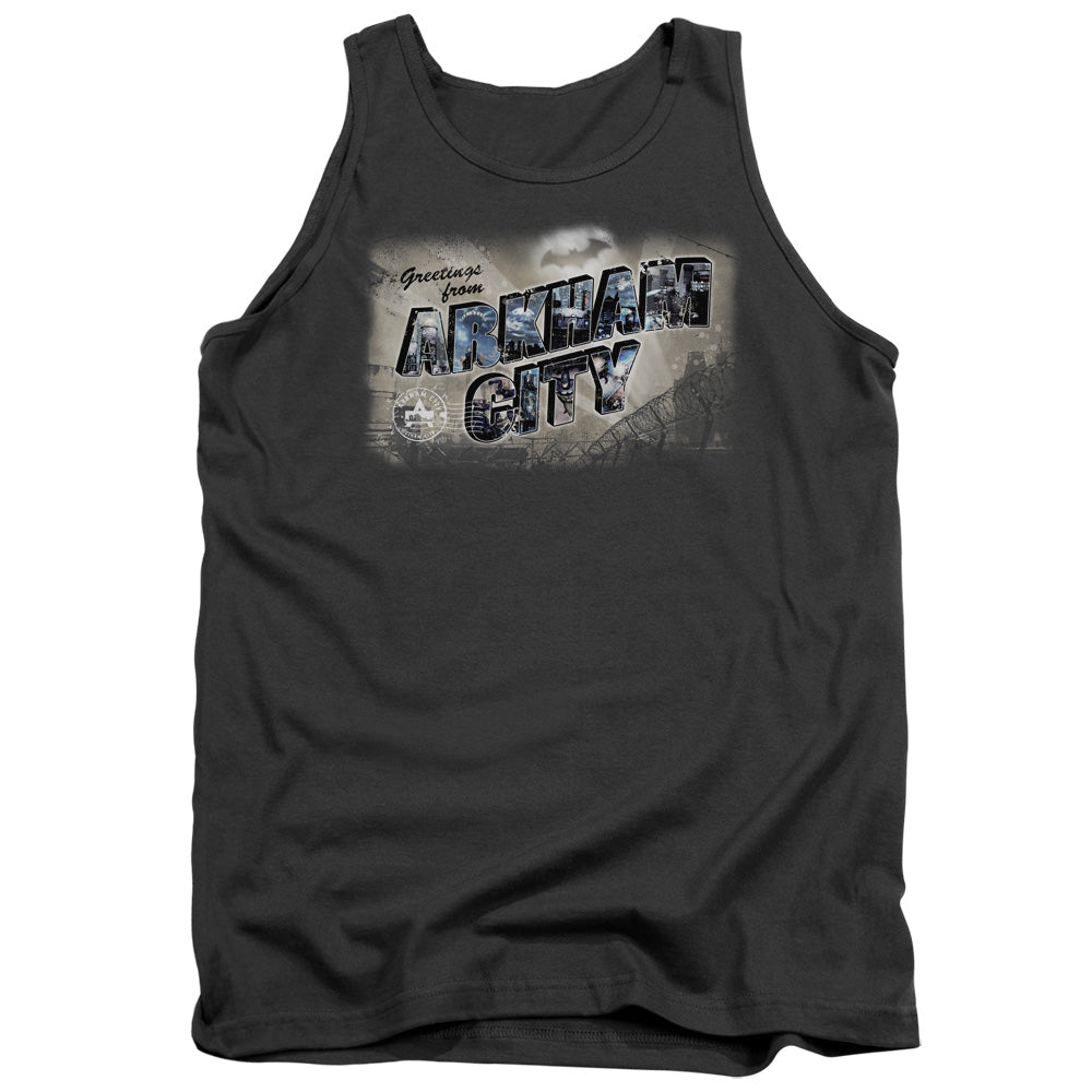 AN OFFCIALLY LICENSED ARKHAM CITY GREETINGS FROM ARKHAM ADULT UNISEX TANK TOP CHARCOAL
