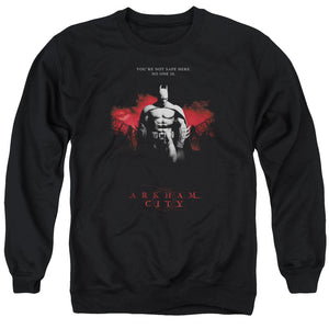 AN OFFCIALLY LICENSED ARKHAM CITY STANDING STRONG ADULT UNISEX CREWNECK SWEATSHIRT BLACK