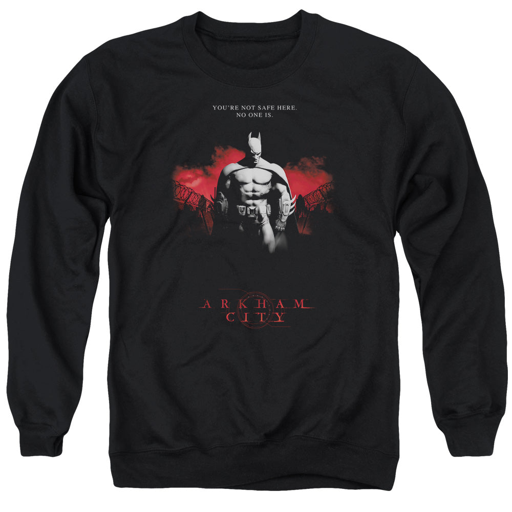 AN OFFCIALLY LICENSED ARKHAM CITY STANDING STRONG ADULT UNISEX CREWNECK SWEATSHIRT BLACK