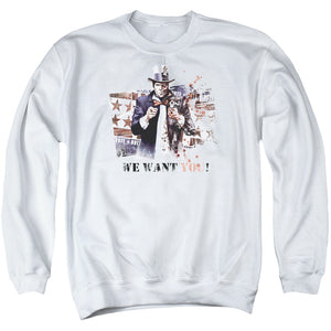 AN OFFCIALLY LICENSED ARKHAM CITY WE WANT YOU ADULT UNISEX CREWNECK SWEATSHIRT WHITE