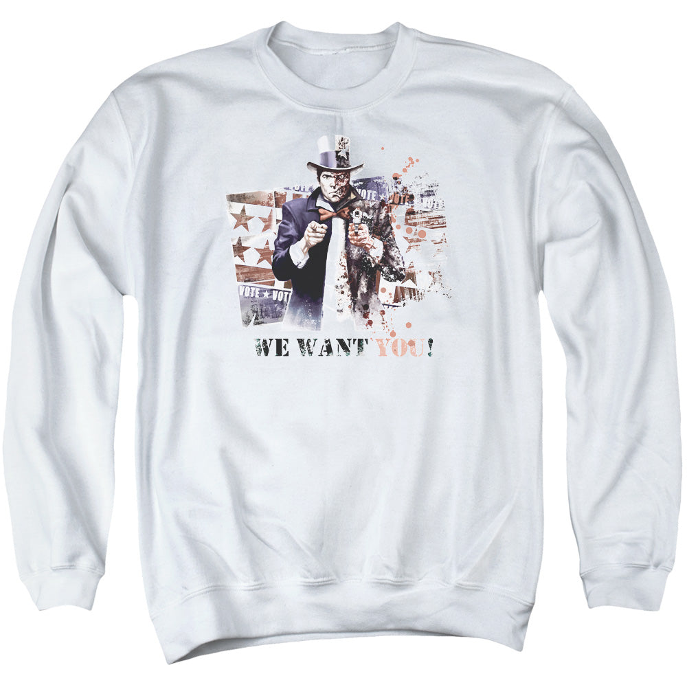 AN OFFCIALLY LICENSED ARKHAM CITY WE WANT YOU ADULT UNISEX CREWNECK SWEATSHIRT WHITE