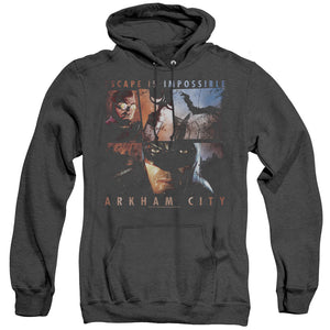 AN OFFCIALLY LICENSED ARKHAM CITY ESCAPE IS IMPOSSIBLE ADULT UNISEX HEATHER PULLOVER HOODIE BLACK
