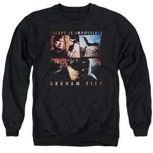 AN OFFCIALLY LICENSED ARKHAM CITY ESCAPE IS IMPOSSIBLE ADULT UNISEX CREWNECK SWEATSHIRT BLACK