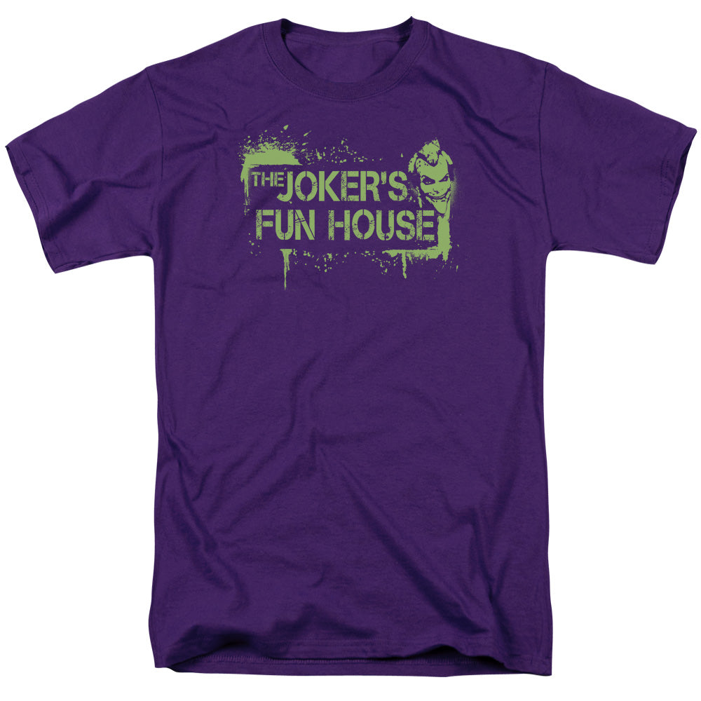 AN OFFCIALLY LICENSED ARKHAM CITY JOKERS FUN HOUSE MEN'S REGULAR FIT T-SHIRT PURPLE