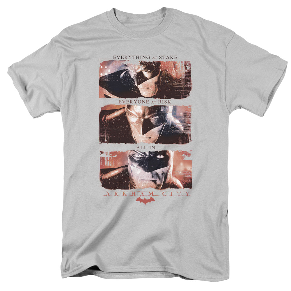 AN OFFCIALLY LICENSED ARKHAM CITY ALL IN MEN'S REGULAR FIT T-SHIRT SILVER