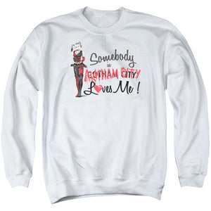AN OFFCIALLY LICENSED ARKHAM CITY SOMEBODY LOVES ME ADULT UNISEX CREWNECK SWEATSHIRT WHITE