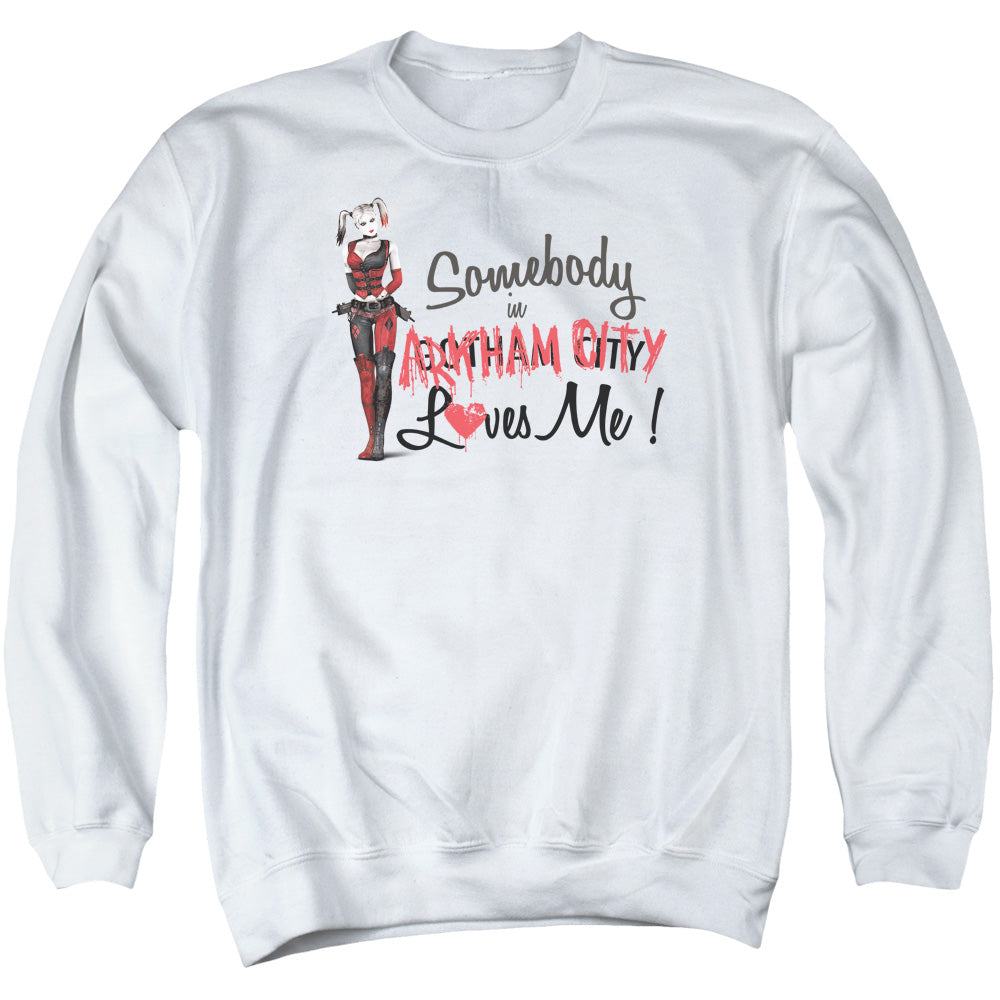 AN OFFCIALLY LICENSED ARKHAM CITY SOMEBODY LOVES ME ADULT UNISEX CREWNECK SWEATSHIRT WHITE