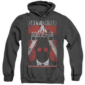 AN OFFCIALLY LICENSED ARKHAM CITY OBEY ORDER POSTER ADULT UNISEX HEATHER PULLOVER HOODIE BLACK