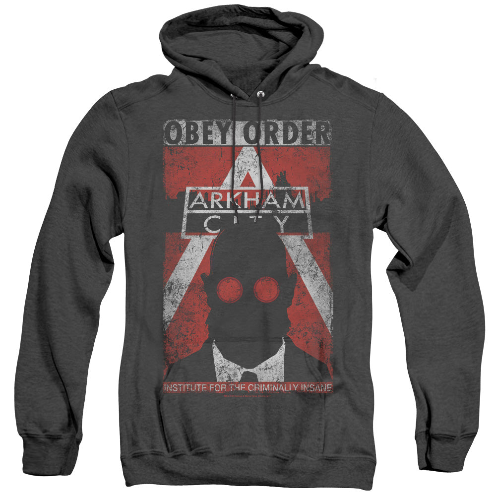 AN OFFCIALLY LICENSED ARKHAM CITY OBEY ORDER POSTER ADULT UNISEX HEATHER PULLOVER HOODIE BLACK