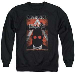 AN OFFCIALLY LICENSED ARKHAM CITY OBEY ORDER POSTER ADULT UNISEX CREWNECK SWEATSHIRT BLACK