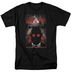 AN OFFCIALLY LICENSED ARKHAM CITY OBEY ORDER POSTER MEN'S REGULAR FIT T-SHIRT BLACK