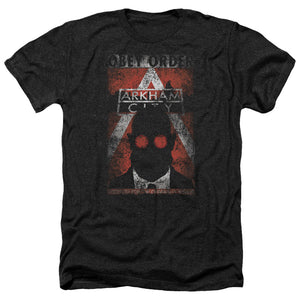 AN OFFCIALLY LICENSED ARKHAM CITY OBEY ORDER POSTER MEN'S HEATHER T-SHIRT CHARCOAL
