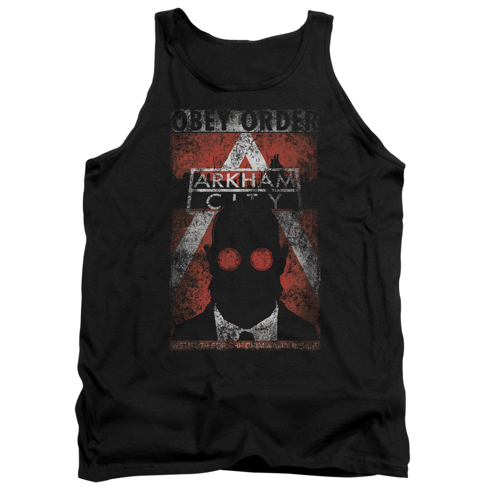 AN OFFCIALLY LICENSED ARKHAM CITY OBEY ORDER POSTER ADULT UNISEX TANK TOP BLACK