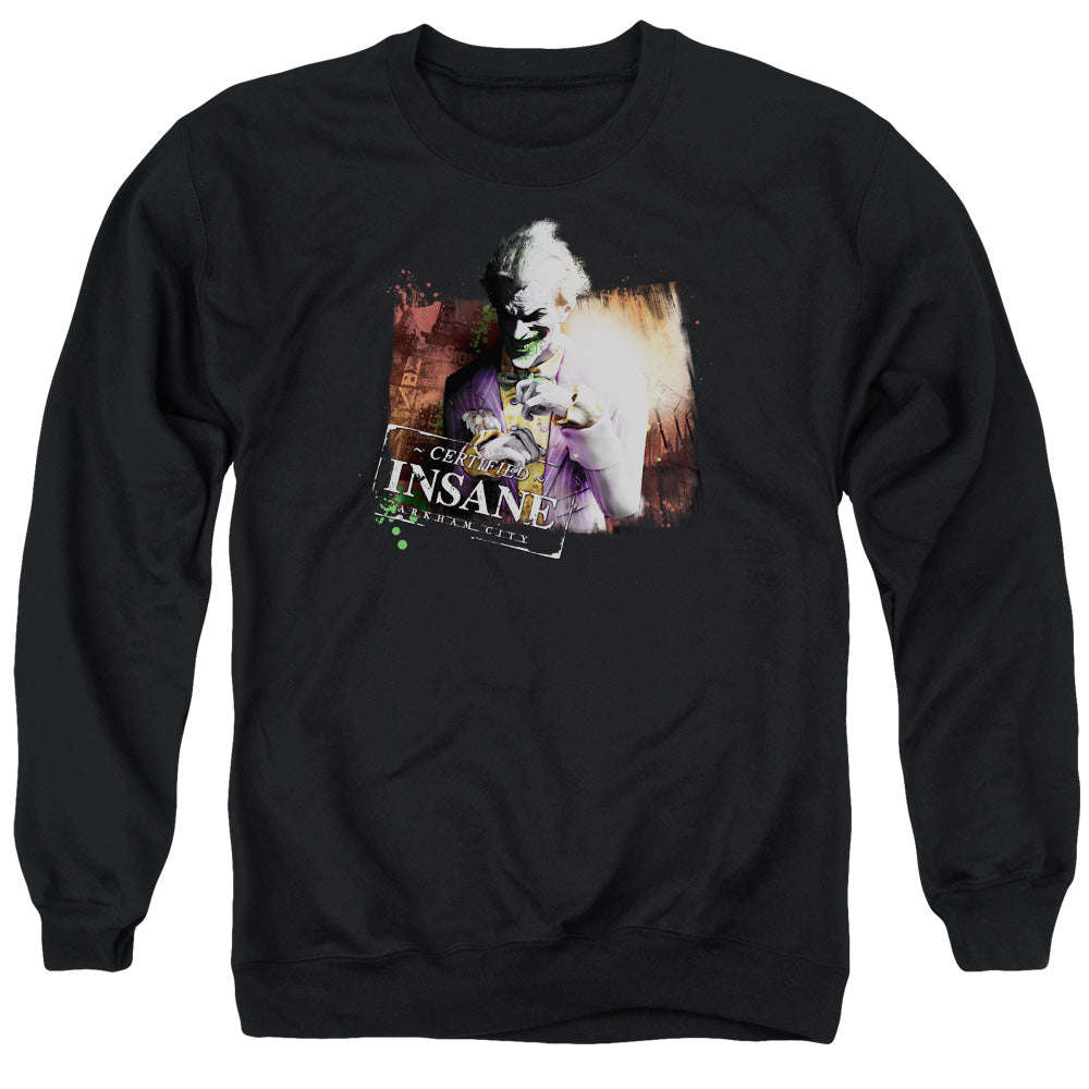 AN OFFCIALLY LICENSED ARKHAM CITY CERTIFIED INSANE ADULT UNISEX CREWNECK SWEATSHIRT BLACK