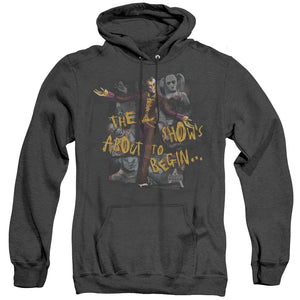 AN OFFCIALLY LICENSED ARKHAM CITY ABOUT TO BEGIN ADULT UNISEX HEATHER PULLOVER HOODIE BLACK