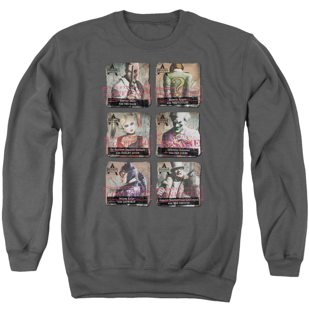 AN OFFCIALLY LICENSED ARKHAM CITY ARKHAM LINEUP ADULT UNISEX CREWNECK SWEATSHIRT CHARCOAL