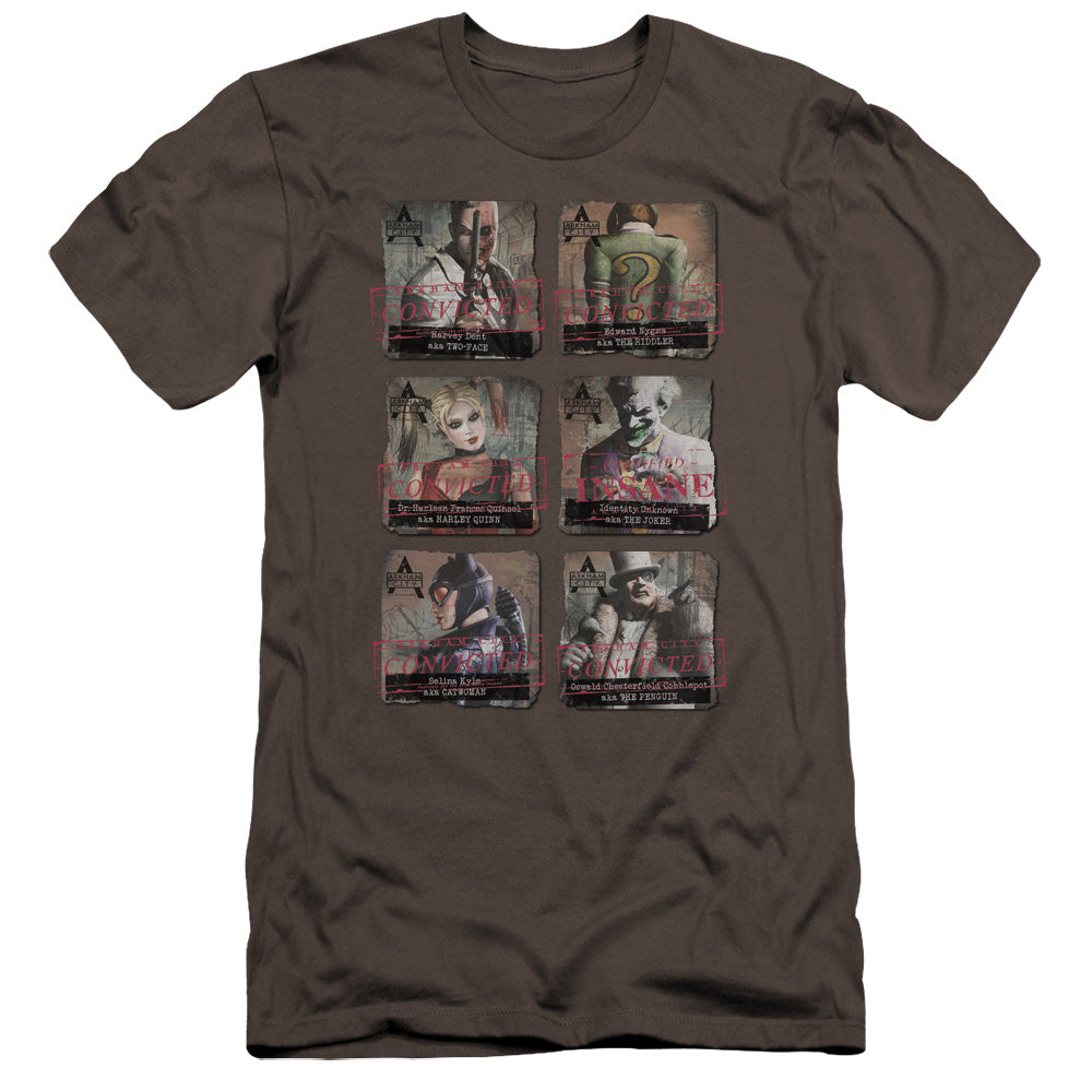 AN OFFCIALLY LICENSED ARKHAM CITY ARKHAM LINEUP MEN'S PREMIUM SLIM FIT T-SHIRT CHARCOAL