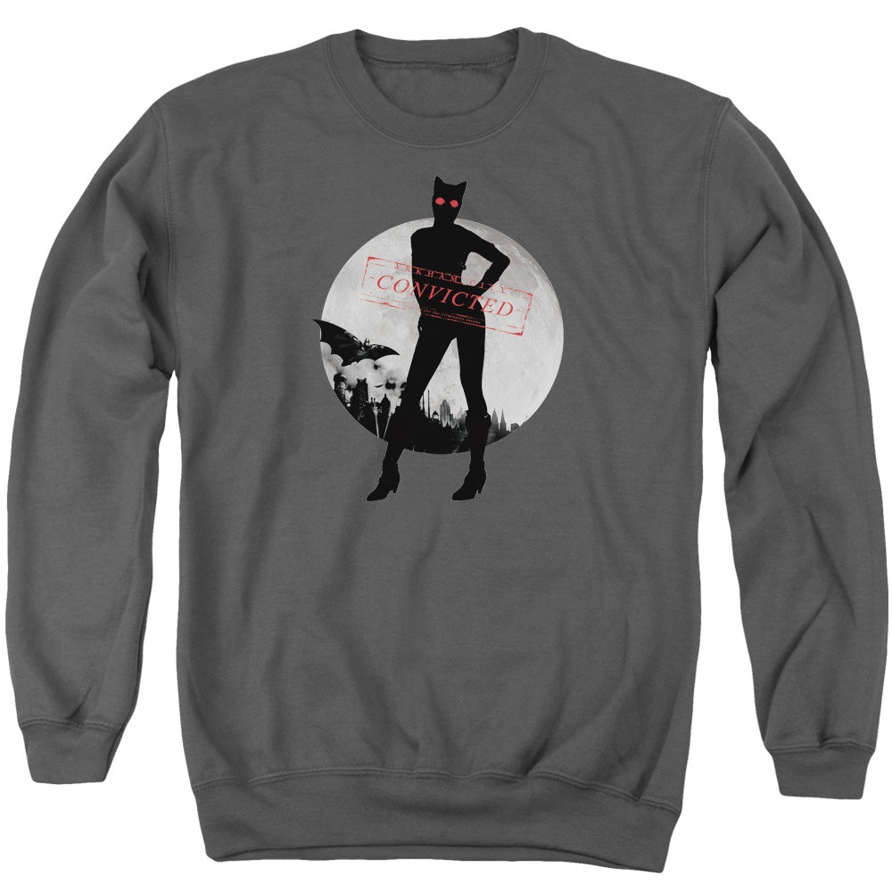 AN OFFCIALLY LICENSED ARKHAM CITY CATWOMAN CONVICTED ADULT UNISEX CREWNECK SWEATSHIRT CHARCOAL