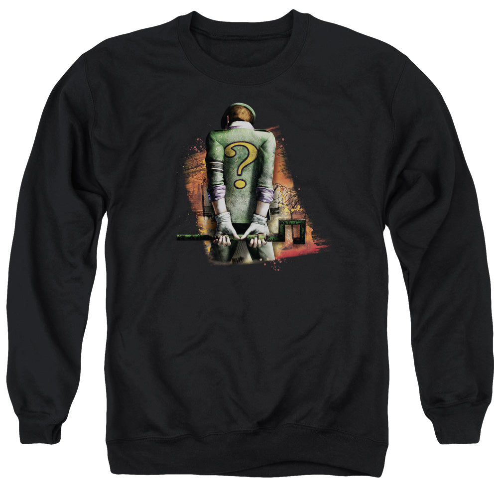 AN OFFCIALLY LICENSED ARKHAM CITY RIDDLER CONVICTED ADULT UNISEX CREWNECK SWEATSHIRT BLACK
