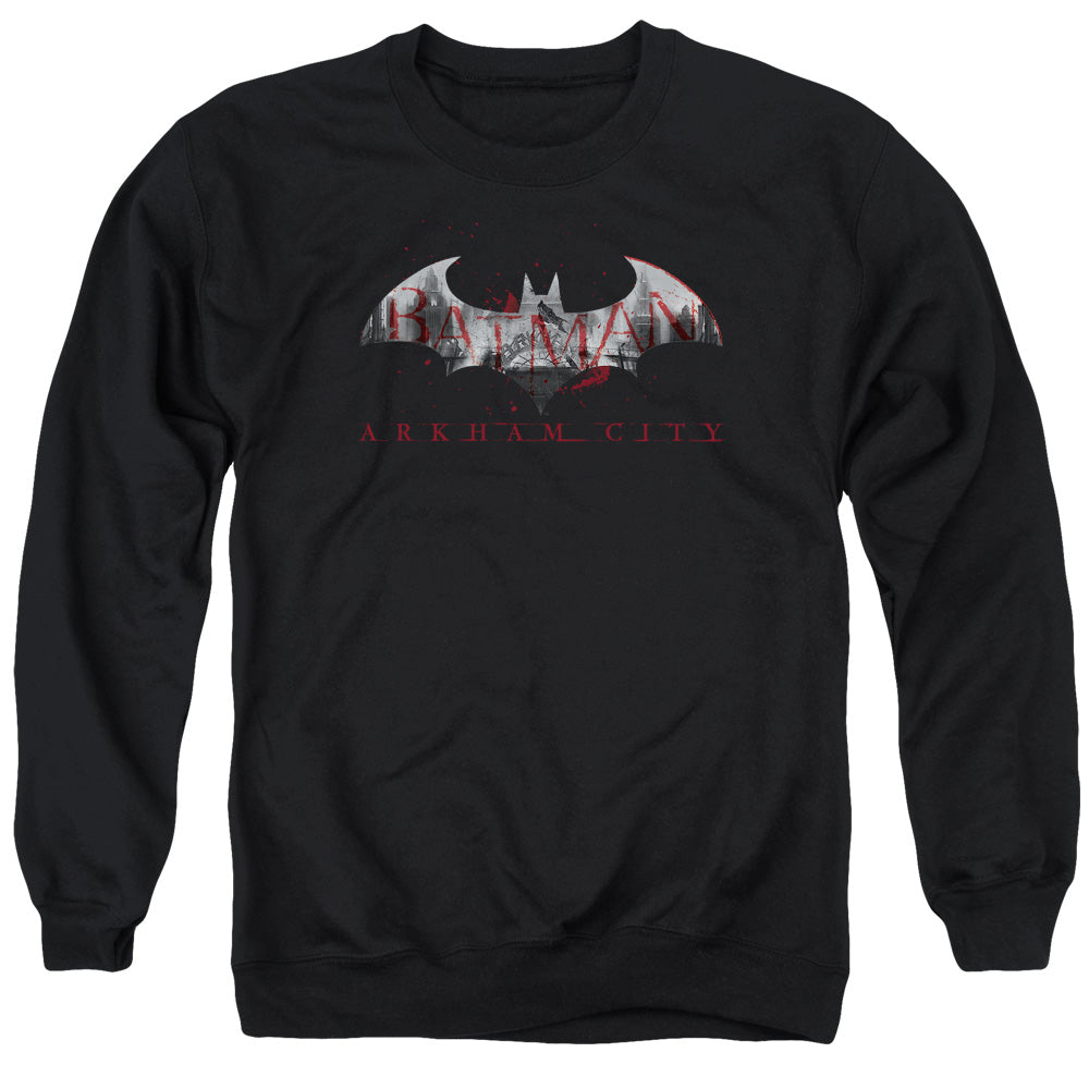 AN OFFCIALLY LICENSED ARKHAM CITY BAT FILL ADULT UNISEX CREWNECK SWEATSHIRT BLACK