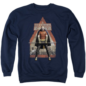 AN OFFCIALLY LICENSED ARKHAM CITY ARKHAM ROBIN ADULT UNISEX CREWNECK SWEATSHIRT NAVY